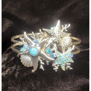 Hinged Starfish and Seashell Bracelet with Blue Rhinestones